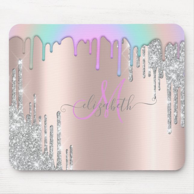 Silver Glitter Drips Rainbow Rose Gold Monogram  Mouse Mat (Front)