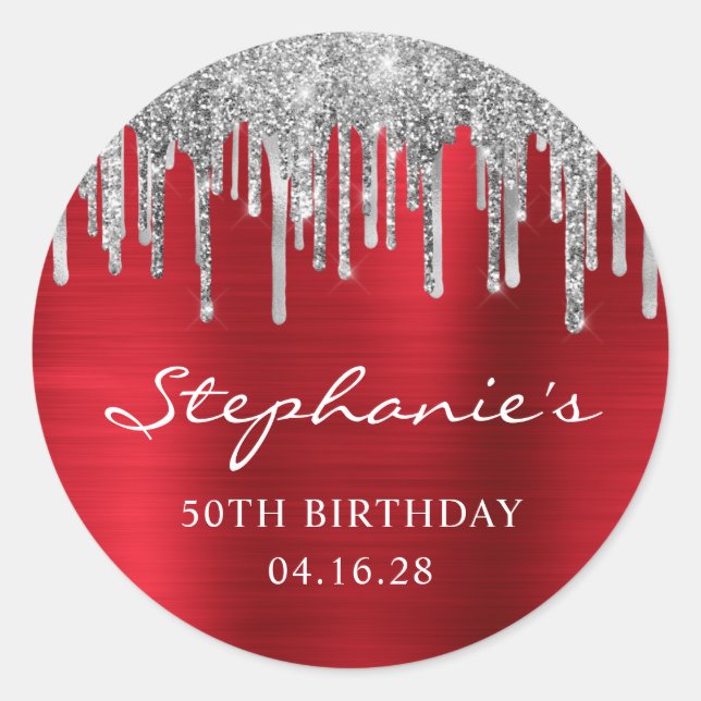 Silver Glitter Drips Red Foil 50th Birthday Classic Round Sticker (Front)
