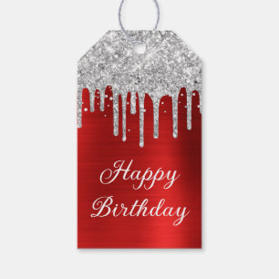 Silver Glitter Drips Red Foil Happy Birthday Gift Tags