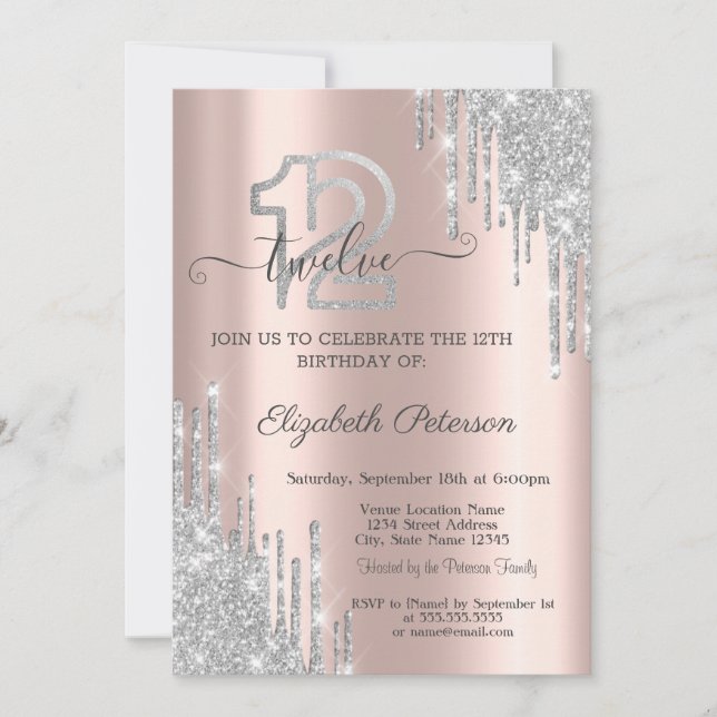  Silver Glitter Drips Rose Gold 12th Birthday   Invitation (Front)