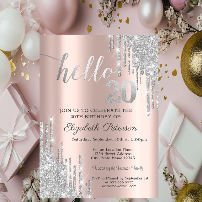 Silver Glitter Drips Rose Gold 20th Birthday   Invitation (Creator Uploaded)