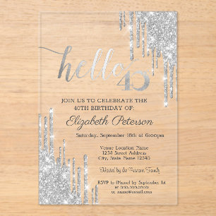 Silver Glitter Drips Rose Gold 40th Birthday  Acrylic Invitations