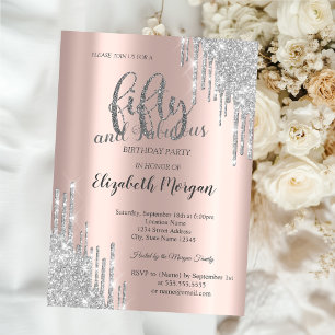 Silver  Glitter Drips Rose Gold 50th Birthday Invitation