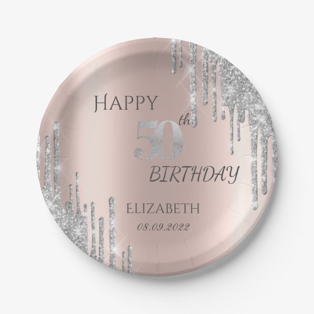 Silver Glitter Drips Rose Gold 50th Birthday   Paper Plate (Front)