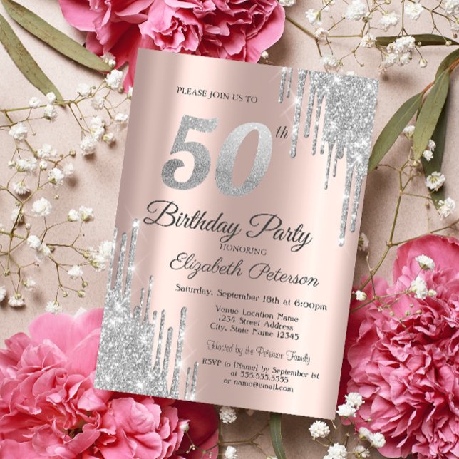 Silver Glitter Drips Rose Gold 50th Birthday Party Invitation (Creator Uploaded)