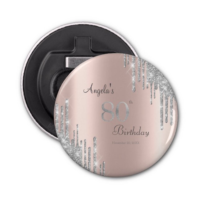 Silver Glitter Drips Rose Gold 80th Bottle Opener (Front)