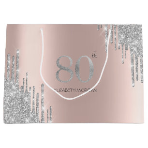 Silver Glitter Drips Rose Gold 80th Large Gift Bag