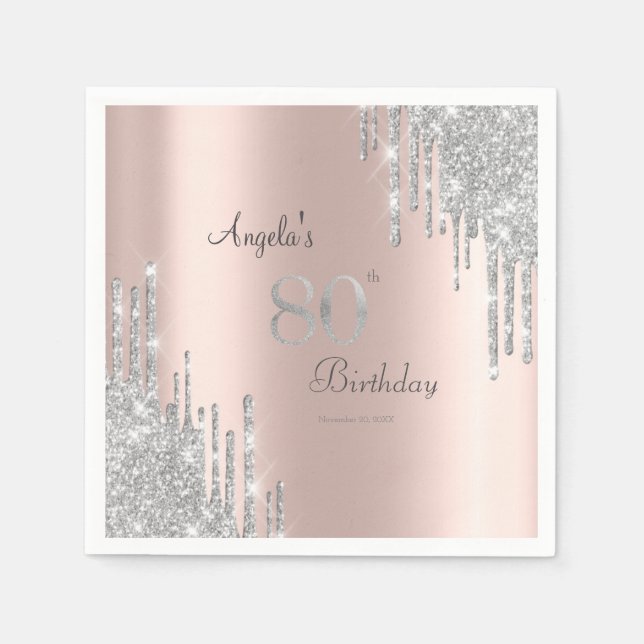 Silver Glitter Drips Rose Gold 80th Napkin (Front)