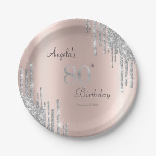 Silver Glitter Drips Rose Gold 80th Paper Plate