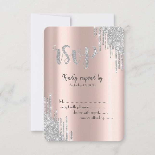 Silver Glitter Drips Rose Gold Birthday RSVP Invitation (Front)