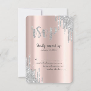 Silver Glitter Drips Rose Gold Birthday RSVP Invitation
