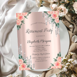  Silver Glitter Drips Rose Gold Floral Retirement Invitation