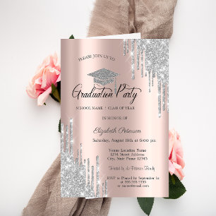 Silver Glitter Drips, Rose Gold Graduation  Invitation