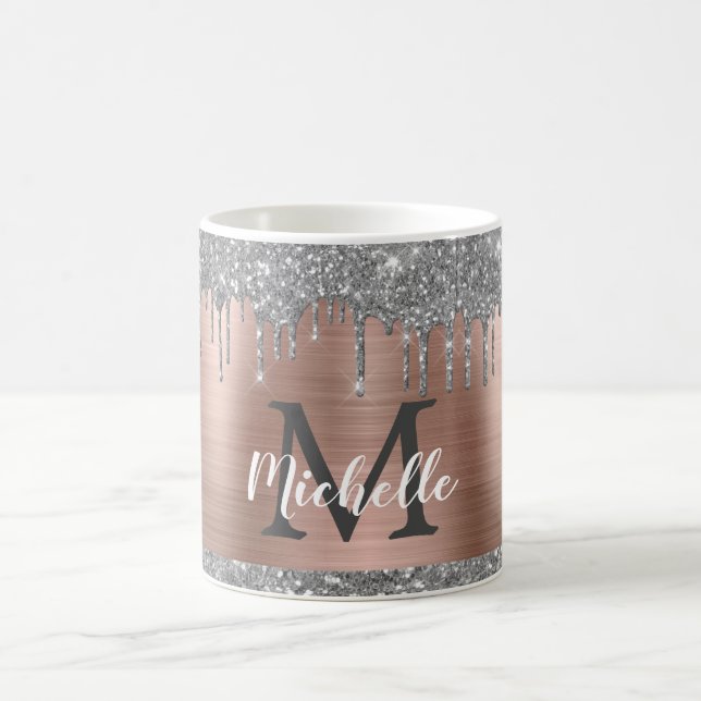 Silver Glitter Drips Rose Gold Metal Monogram Coffee Mug (Center)