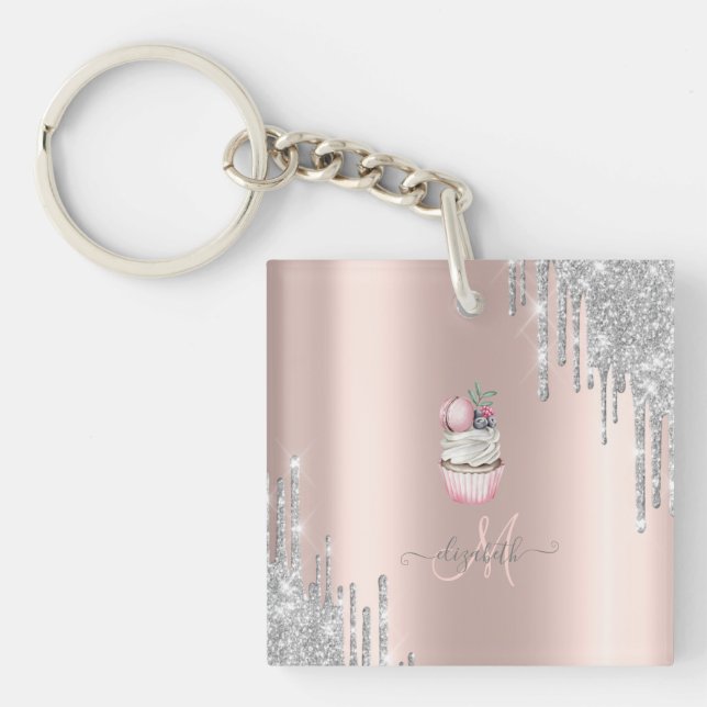 Silver Glitter Drips Rose Gold Monogram Cupcake Key Ring (Front)