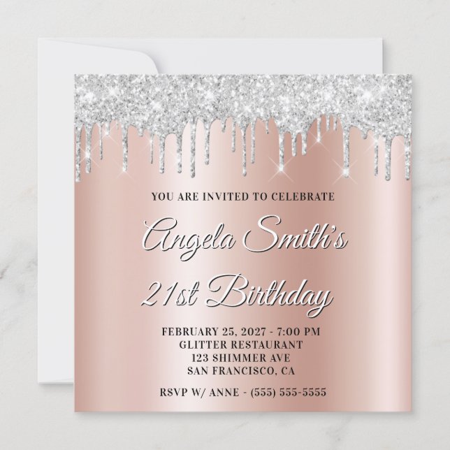 Silver Glitter Drips Rose Gold Ombre Drop Shadow Invitation (Front)