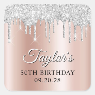 Silver Glitter Drips Rose Gold Ombre Drop Shadow Square Sticker