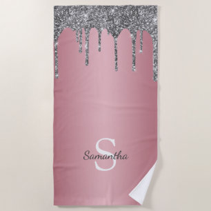 Silver Glitter Drips Rose Gold Pink Monogram Name Beach Towel