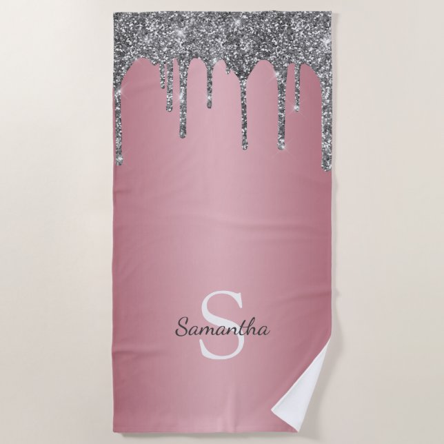 Silver Glitter Drips Rose Gold Pink Monogram Name Beach Towel (Front)