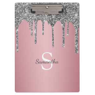 Silver Glitter Drips Rose Gold Pink Monogram Name Clipboard
