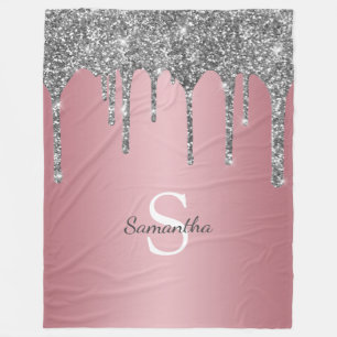 Silver Glitter Drips Rose Gold Pink Monogram Name Fleece Blanket