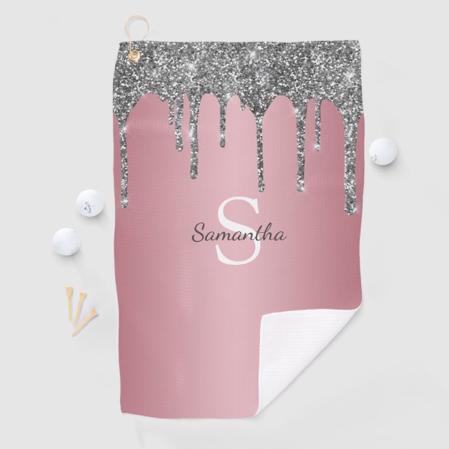 Silver Glitter Drips Rose Gold Pink Monogram Name Golf Towel (InSitu)