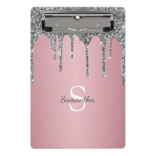 Silver Glitter Drips Rose Gold Pink Monogram Name Mini Clipboard