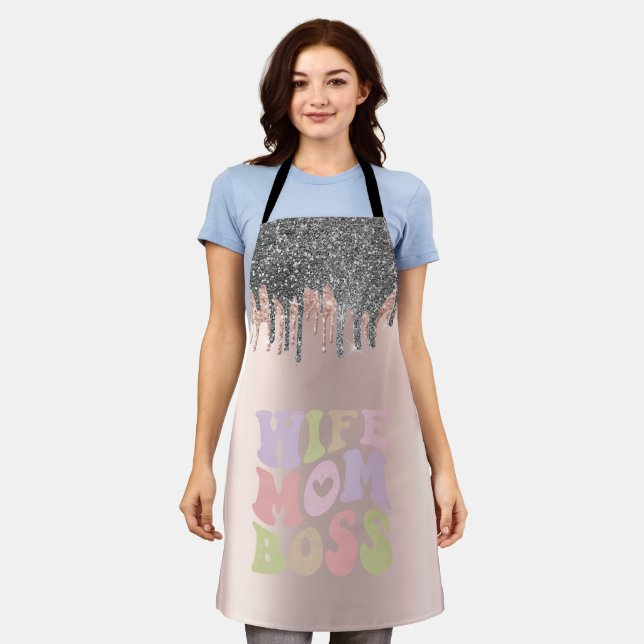 Silver Glitter Drips Rose Gold Wife Mum Boss Apron (Worn)