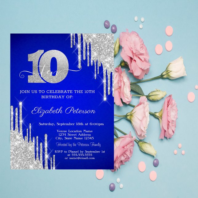 Silver Glitter Drips Royal Blue 10th Birthday  Invitation (Creator Uploaded)