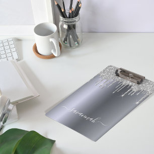 Silver glitter drips script name elegant clipboard