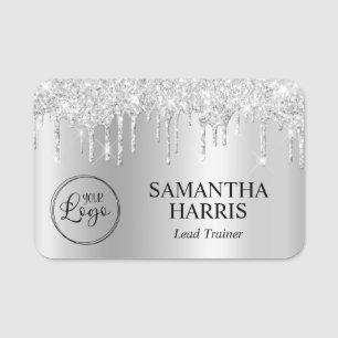 Silver Glitter Drips Shimmer Name Tag