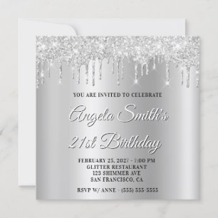 Silver Glitter Drips Shimmer Ombre Drop Shadow Invitation