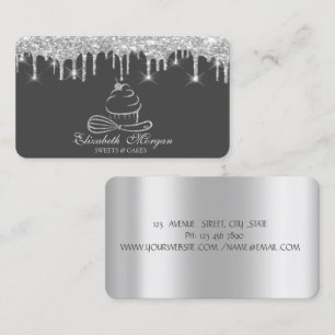 Silver Glitter Drips Silver Cupcake Bakery  Business Card