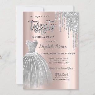 Silver Glitter Drips,Silver Dress 21st Birthday Invitation