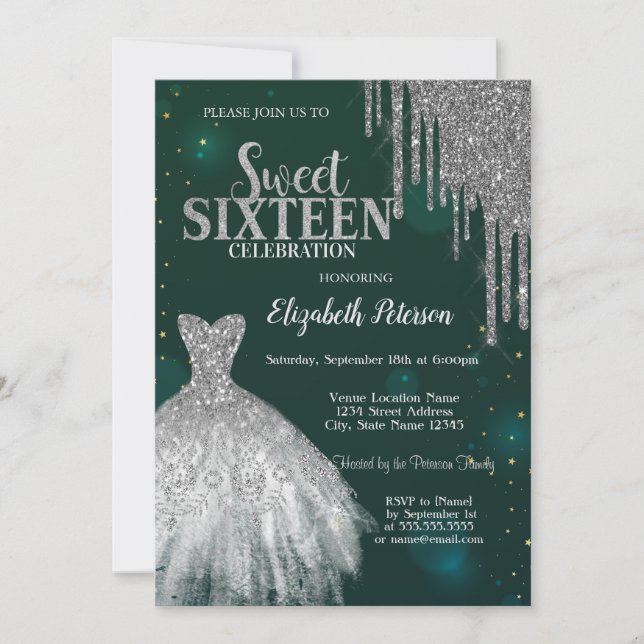Silver Glitter Drips,Silver Dress Green Sweet 16 Invitation (Front)