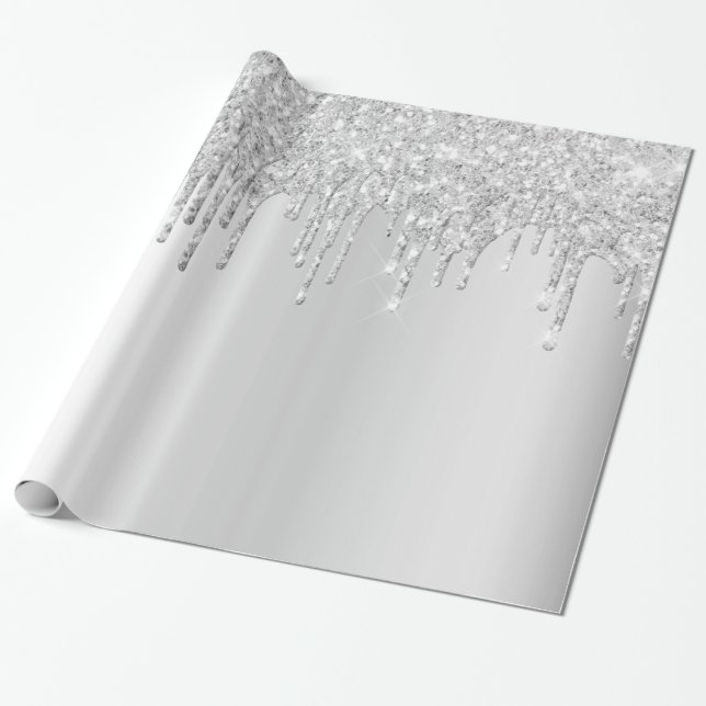 Silver glitter drips sparkle birthday wrapping paper (Unrolled)