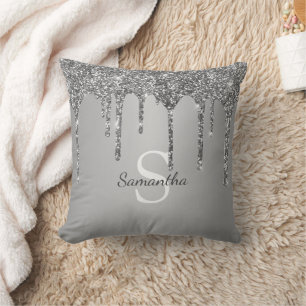 Silver Glitter Drips Sparkle Monogram Name Cushion