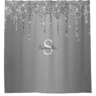 Silver Glitter Drips Sparkle Monogram Name Shower Curtain