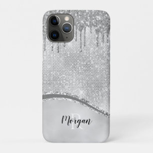 Silver Glitter Drips & Sparkle, Name & Monogram Case-Mate iPhone Case
