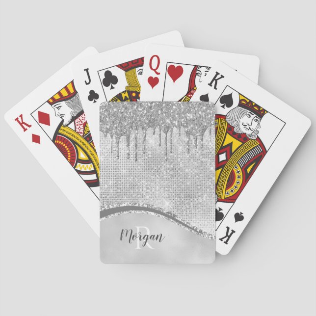 Silver Glitter Drips & Sparkle, Name & Monogram Playing Cards (Back)