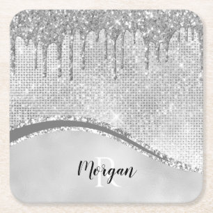 Silver Glitter Drips & Sparkle, Name & Monogram Square Paper Coaster