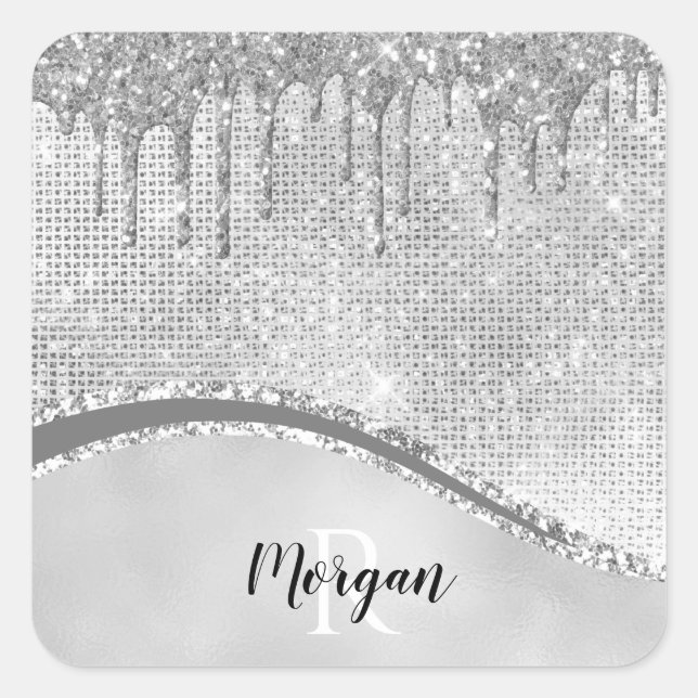 Silver Glitter Drips & Sparkle, Name & Monogram Square Sticker (Front)