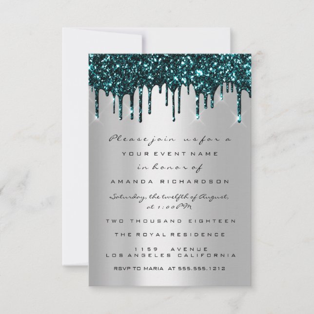 Silver Glitter Drips Teal Bridal Shower Sweet 16th Invitation (Front)
