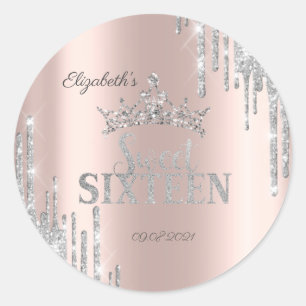 Silver Glitter Drips Tiara Rose Gold Sweet 16   Classic Round Sticker