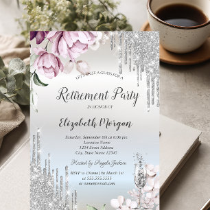 Silver Glitter Drips Violet Flowers Retirement Invitation