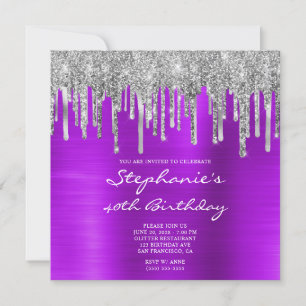 Silver Glitter Drips Violet Foil 40th Birthday Invitation