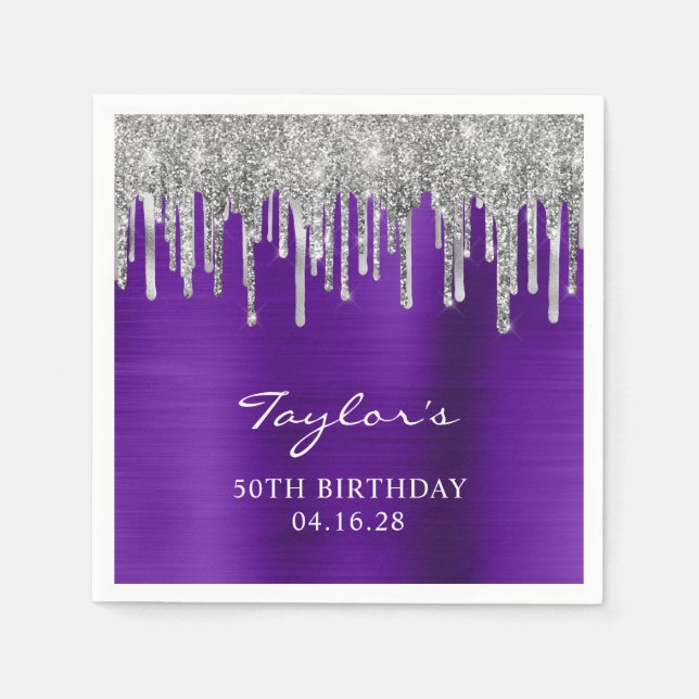 Silver Glitter Drips Violet Purple 50th Birthday Napkin (Front)