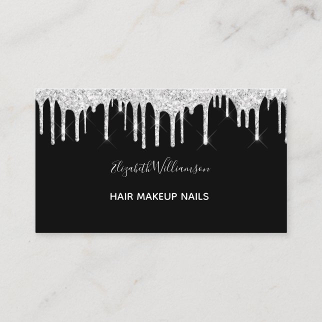 Silver Glitter Drips White Black Elegant Girly Business Card (Front)