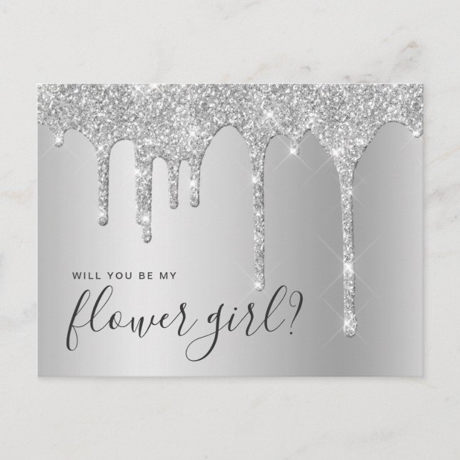 Silver glitter drips will you be my flower girl invitation postcard (Front)