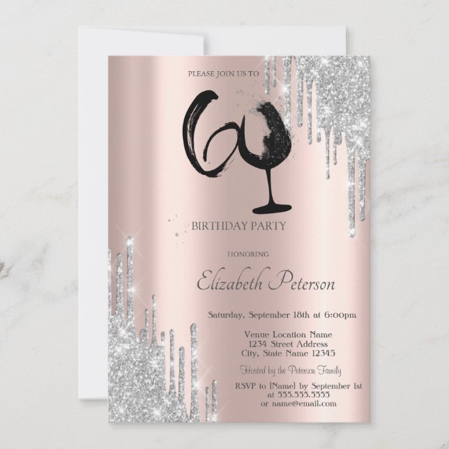Silver Glitter Drips Wine Glass Rose Gold 60th  Invitation (Front)